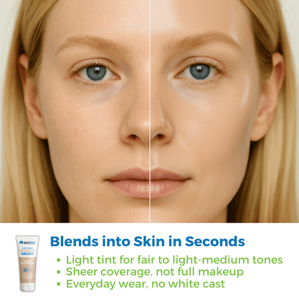 Mineral Tinted Sunscreen for Face before and after application showing natural blend and light tint for fair to light-medium skin.