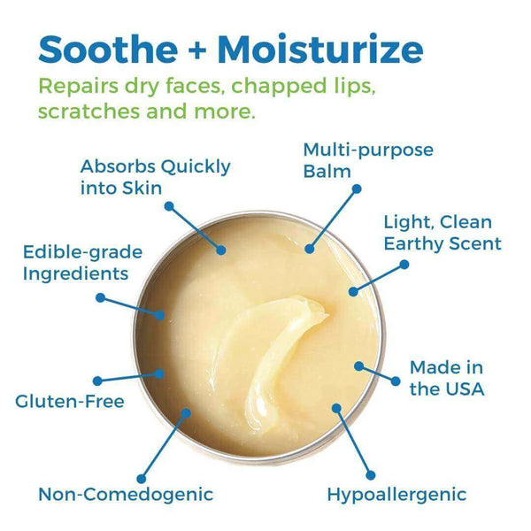 Healing Salve Shea Butter Balm in a tin, promoting soothing, moisturizing qualities and made with edible-grade ingredients.