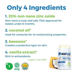 4 key ingredients in Reef Safe Zinc Sunscreen Stick: non-nano zinc oxide, coconut oil, beeswax, vanilla extract.