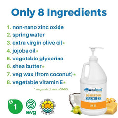 Bulk Sunscreen Gallon ingredients list including non-nano zinc oxide and organic components for safe skin protection.