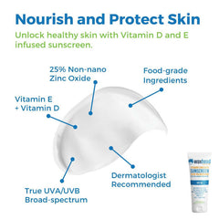 Zinc Oxide Sunscreen Gallon highlighting nourishing ingredients like Vitamin D, E and non-nano zinc oxide for skin protection.