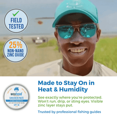 Smiling person wearing zinc oxide sunscreen paste, showcasing protection in heat and humidity, highlighting Zinc Oxide Sunscreen Paste.