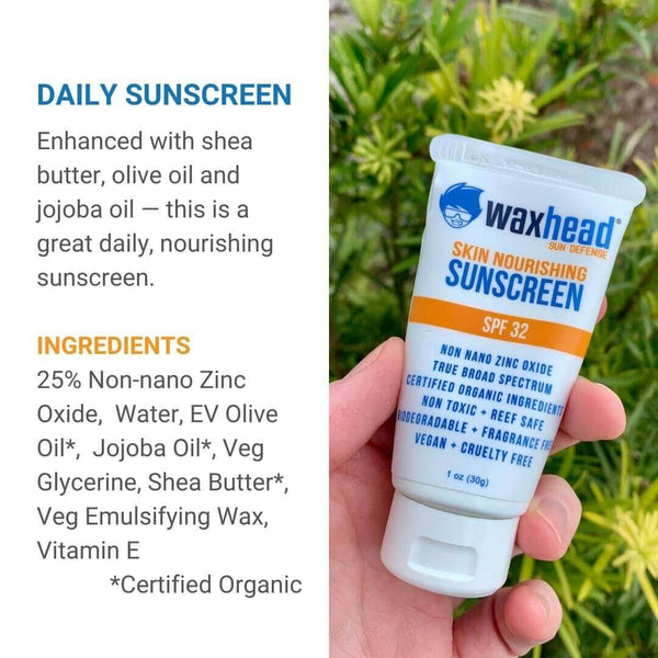 Waxhead Starter Kit Daily Sunscreen enriched with shea butter, olive oil, and jojoba oil, SPF 32 for nourishing sun protection.