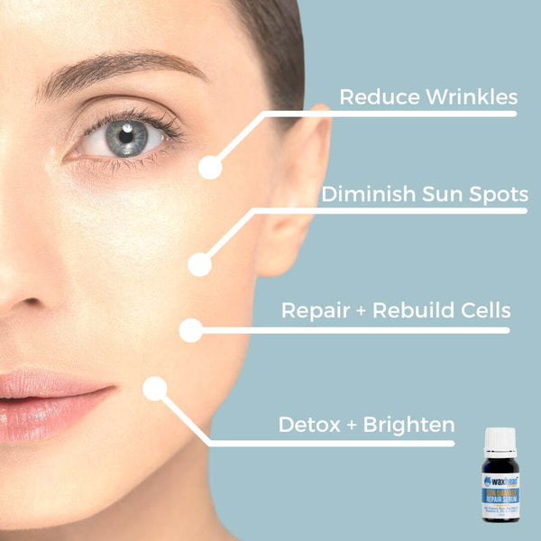 Sun Damaged Skin Repair Serum for reducing wrinkles, diminishing sun spots, and repairing skin cells with detoxifying benefits.