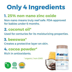 Tinted Zinc Sunscreen Stick ingredients: 25% non-nano zinc oxide, coconut oil, beeswax, and cocoa powder for sun protection.
