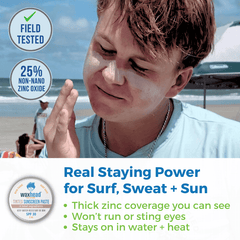 Person applying swaxhead unscreen on a beach with promotional text about sunscreen properties.