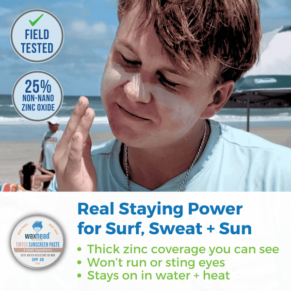 Person applying swaxhead unscreen on a beach with promotional text about sunscreen properties.