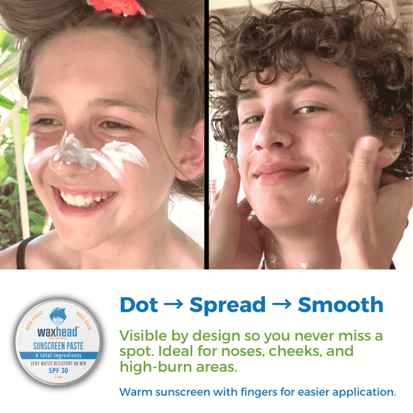 Zinc Oxide Sunscreen Paste application process on kids' faces; shows how to dot, spread, and smooth the sunscreen.