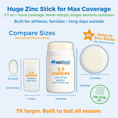 Huge Zinc Stick for Max Coverage; Reef Safe Zinc Sunscreen Stick; compares sizes; long-lasting protection for families and athletes.