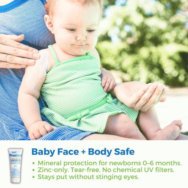 Baby Mineral Sunscreen Zinc Oxide on soft skin, gentle protection for infants, zinc-only, tear-free formula.
