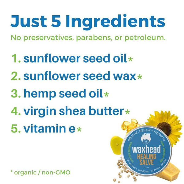 Just 5 ingredients for Waxhead Healing Salve Shea Butter Balm: sunflower seed oil, sunflower seed wax, hemp seed oil, virgin shea butter, vitamin e.