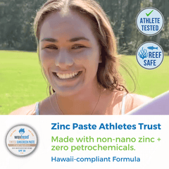 Woman outdoors with waxhead Zinc Paste Athletes Trust sunscreen product and branding elements.