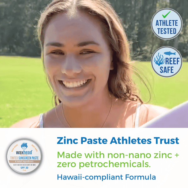 Woman outdoors with waxhead Zinc Paste Athletes Trust sunscreen product and branding elements.