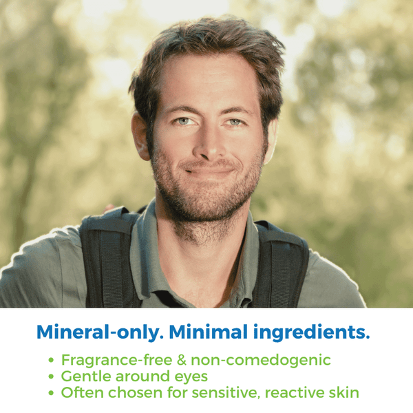 Tinted Gallon Sunscreen with Iron Oxide product image featuring a man outdoors with gentle skincare details.