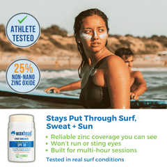 Reef Safe Zinc Sunscreen Stick displayed with a surfer applying sunscreen, emphasizing durability and performance against sun and saltwater.