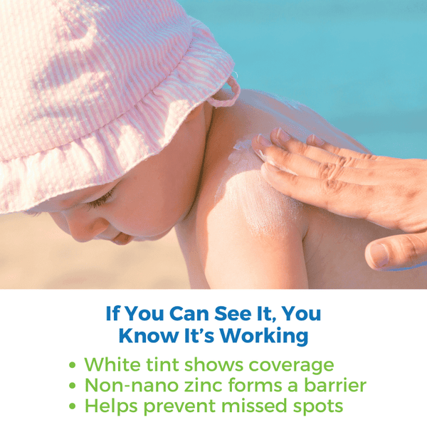 Baby Sunscreen - Zinc Oxide Bulk Gallon Size advertisement showing application on child, highlighting effectiveness and protection.