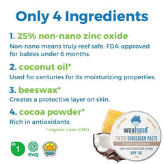 Reef-Safe Tinted Zinc Sunscreen Paste for Face ingredients list: zinc oxide, coconut oil, beeswax, cocoa powder.