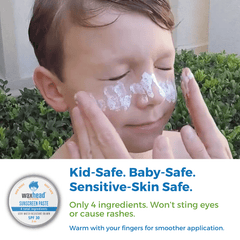 Child applying Zinc Oxide Sunscreen Paste gently on face, highlighting its kid-safe and sensitive skin-friendly features.