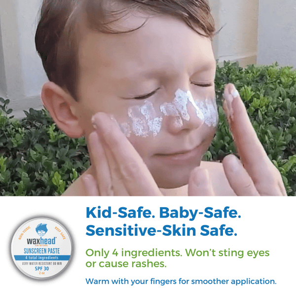 Child applying Zinc Oxide Sunscreen Paste gently on face, highlighting its kid-safe and sensitive skin-friendly features.