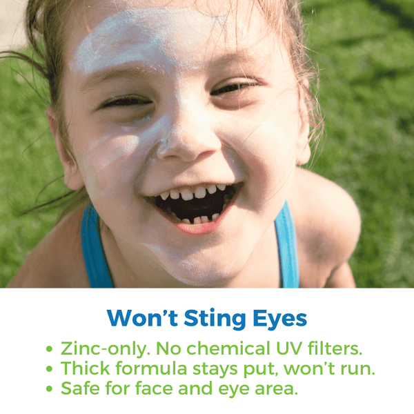 Baby Mineral Sunscreen Zinc Oxide for kids, safe for face and eyes, thick formula, won't sting or irritate skin.