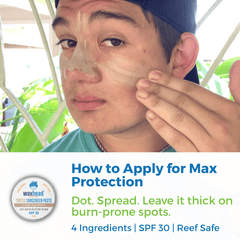 Person applying waxhead sunscreen paste to face with text on max protection