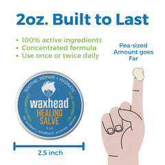 Waxhead Healing Salve packaging with a hand illustration showing a pea-sized amount.