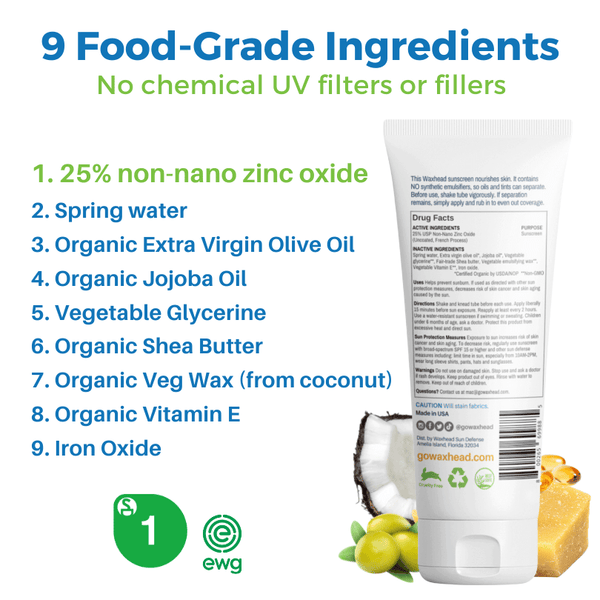 9 food-grade ingredients in Waxhead Mineral Tinted Sunscreen for Face, highlighting safe, natural components without chemical filters.