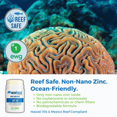 Reef Safe Zinc Sunscreen Stick featured with coral reef background highlighting reef safety and environmentally friendly ingredients.