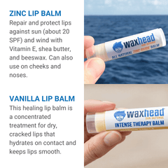 Waxhead Starter Kit with Zinc Lip Balm for sun protection and wind defense, featuring ingredients like shea butter and beeswax.