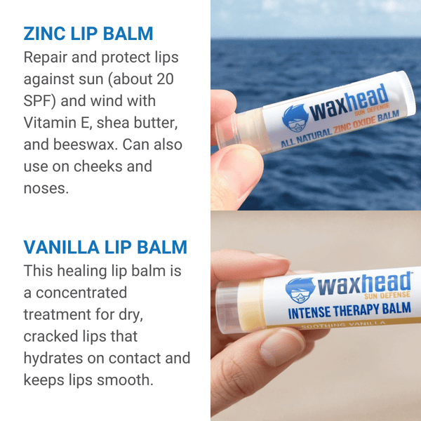 Waxhead Starter Kit with Zinc Lip Balm for sun protection and wind defense, featuring ingredients like shea butter and beeswax.