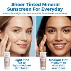 Sheer Tinted Mineral Sunscreen for Everyday, featuring Light and Medium tints for different skin tones.