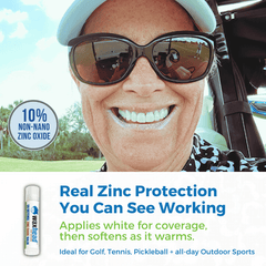 Zinc Oxide Lip Balm on a smiling woman, emphasizing real zinc protection for outdoor sports.