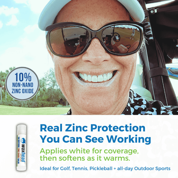 Zinc Oxide Lip Balm on a smiling woman, emphasizing real zinc protection for outdoor sports.