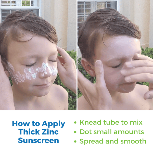 How to apply Baby Mineral Sunscreen Zinc Oxide, showing steps to knead, dot, spread, and smooth thick zinc sunscreen on skin.