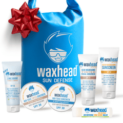 Waxhead sun defense products including sunscreen and balm with a blue bag on a white background.