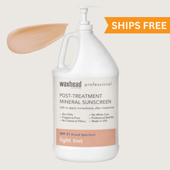 Post Treatment Tinted Mineral Sunscreen gallon bottle with light tint, suitable for immediate application after treatments.