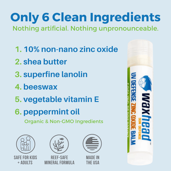 Zinc Oxide Lip Balm with 10% non-nano zinc oxide and five other clean ingredients for sun protection.