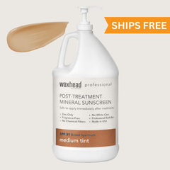 Post Treatment Tinted Mineral Sunscreen in a white gallon with medium tint and SPF 31, promoting safe application after treatments.