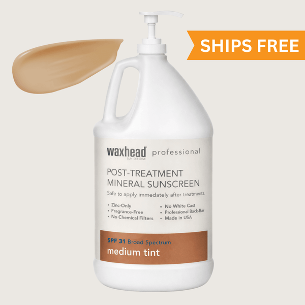 Post Treatment Tinted Mineral Sunscreen in a white gallon with medium tint and SPF 31, promoting safe application after treatments.