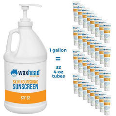 Bulk Sunscreen Gallon package with SPF 32 and comparison to 32 tubes of sunscreen.