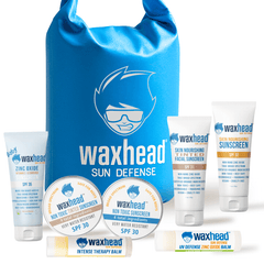 Waxhead sun defense products including sunscreen and balm with a blue bag on a white background.