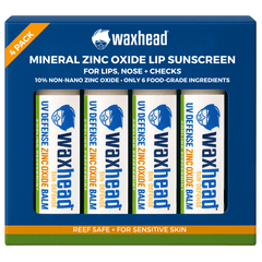 Waxhead Zinc Oxide Lip Balm 4 pack packaging showcasing non-nano zinc oxide sunscreen for lips and sensitive skin.
