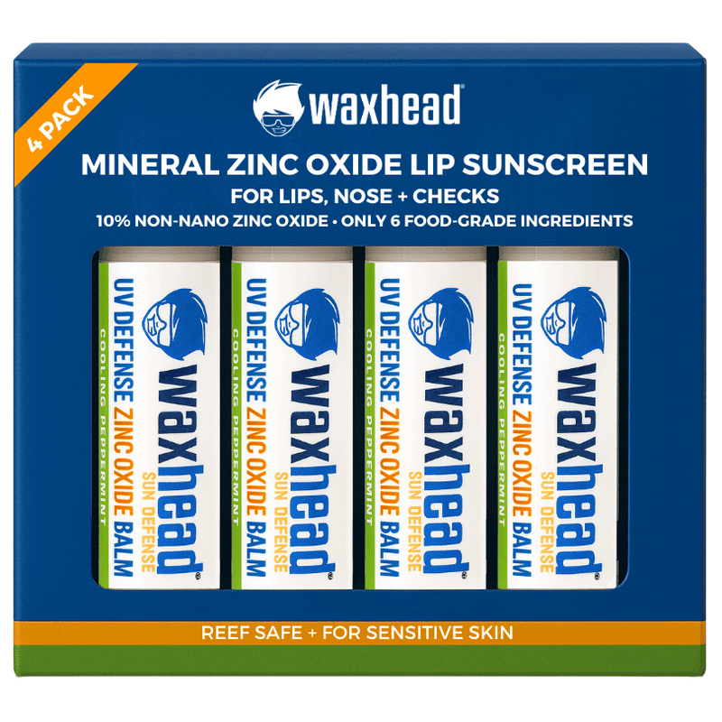 Waxhead Zinc Oxide Lip Balm 4 pack packaging showcasing non-nano zinc oxide sunscreen for lips and sensitive skin.