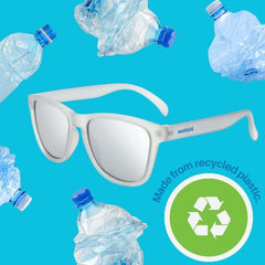 Silver Polarized Sunglasses on a blue background made from recycled plastic bottles.
