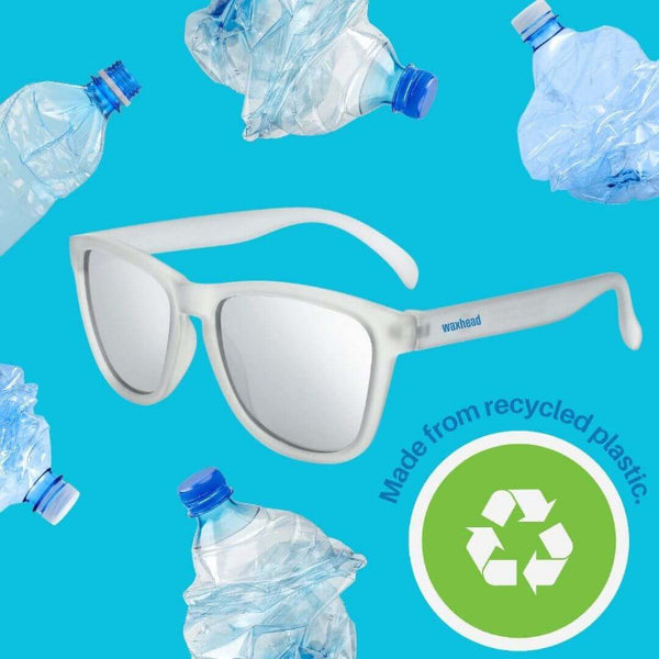 Silver Polarized Sunglasses on a blue background made from recycled plastic bottles.