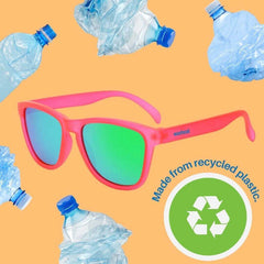 Pink Polarized Sunglasses – Recycled Plastic with green lenses and water bottles in background