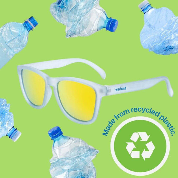 Yellow Sunglasses Polarized made from recycled plastic with frosted white frames and yellow mirror lenses.