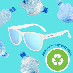 White Sunglasses Polarized made from recycled plastic surrounded by plastic bottles.