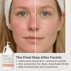 Before and after using Post Treatment Tinted Mineral Sunscreen, showcasing skin calming benefits and tone correction.