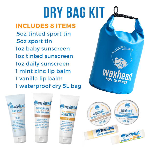 Waxhead dry bag kit with sunscreen and lip balm on a white background